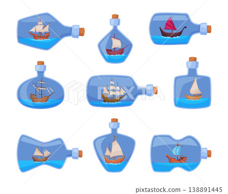 Ship in bottle. Mini figure of old style wooden ship for pirates exact vector sailor boats in transparent bottle Ship in bottle. Mini figure of old style wooden ship for pirates exact vector sailor boats in transparent bottle 138891445