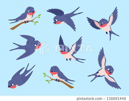 Swallows. Flying cartoon birds in sky exact vector swallows in action poses 138891448