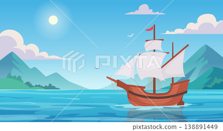 Wooden ship. Ocean landscape background with pirate battleship exact vector template Wooden ship. Ocean landscape background with pirate battleship exact vector template 138891449