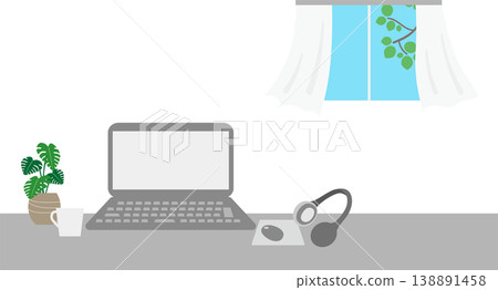 A comfortable illustration of working from home (laptop by a window, monstera plant, headphones). A comfortable illustration of working from home (laptop by a window, monstera plant, headphones). 138891458