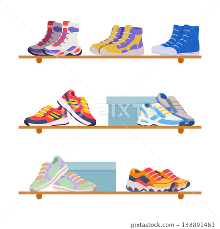 Sneakers on shelves. shoes in sport shop. vector background Sneakers on shelves. shoes in sport shop. vector background 138891461