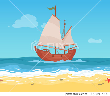 Ship. old wooden ship in the sea. vector cartoon background 138891464