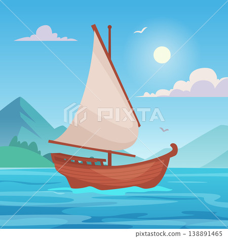 Ship. cartoon boat in sea or ocean. vector landscape background 138891465