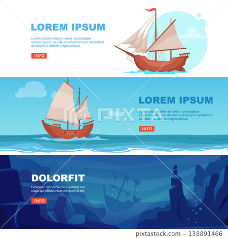 Ship banners. old style wooden ship on horizontal banners for printing designs Ship banners. old style wooden ship on horizontal banners for printing designs 138891466