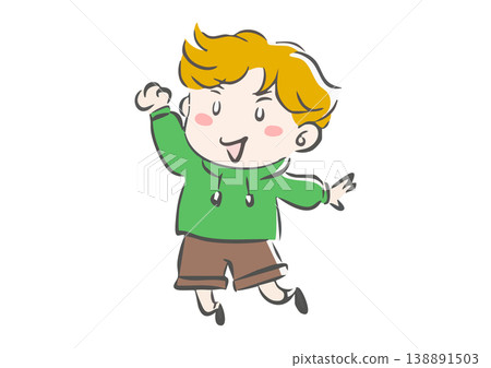 一個穿著連帽衫的快樂男孩帶著笑容地跳躍著。 138891503