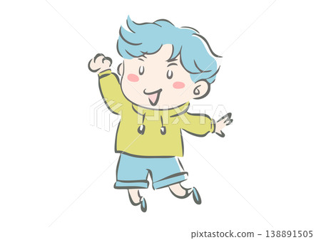一個穿著連帽衫、微笑、穿著粉紅彩色服裝的快樂男孩蹦蹦跳跳。 138891505