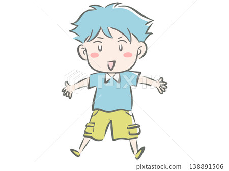 一個笑容燦爛的小男孩，張開雙臂和雙腿，穿著粉彩色的衣服。 138891506