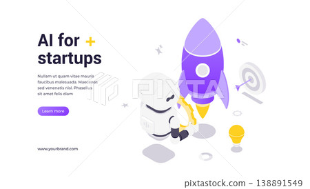 Artificial Intelligence Robot Holding Mini Rocket Engine Promoting Startup Growth And Innovation Banner Template 138891549