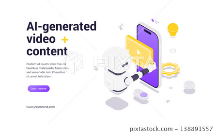 Artificial Intelligence Robot Holding Video Player With Smartphone Screen Isometric Technology Banner Illustration 138891557