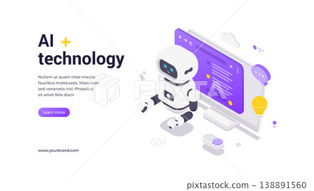 Artificial Intelligence Robot Sitting In Front Of Large Monitor Showing Analytics Isometric Banner Illustration Artificial Intelligence Robot Sitting In Front Of Large Monitor Showing Analytics Isometric Banner Illustration 138891560