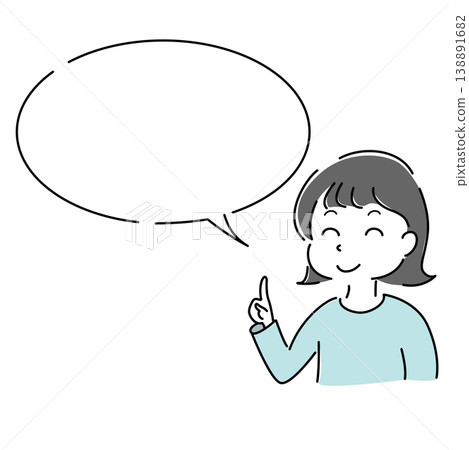 一個簡單的插圖，描繪了一位閉著眼睛、微笑、指點的女性（用於指導、解釋、要點、對話框和角色素材）。 138891682