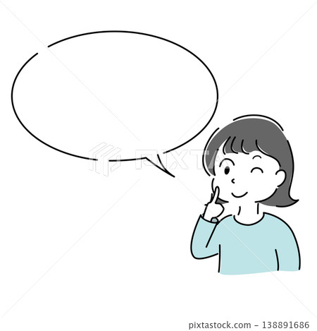 一個簡單的插圖，描繪了一個面帶微笑、眨著眼睛的女人正在解釋某事（對話框、說明、要點解釋、人物圖像） 138891686
