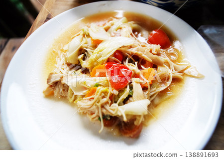Fresh Stir fried Chicken with Ginger on white dish. Tradition food in Thailand Fresh Stir fried Chicken with Ginger on white dish. Tradition food in Thailand 138891693