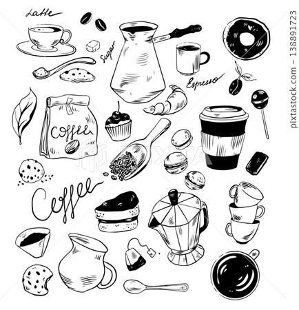 Vector doodle set of coffee shop and bakery hand drawn on white background Vector doodle set of coffee shop and bakery hand drawn on white background 138891723