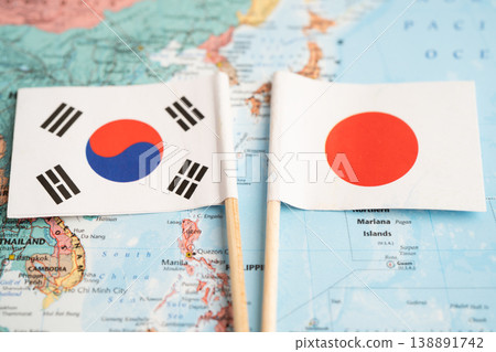 Bangkok, Thailand December 7, 2023, South Korea and Japan flag on world map. Bangkok, Thailand December 7, 2023, South Korea and Japan flag on world map. 138891742