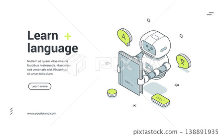 Learn Language With AI Robot Online Education Service Isometric Banner Vector Illustration 138891935