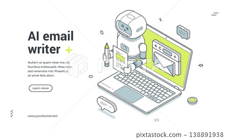 AI Email Writer Robot On Laptop For Business Isometric Banner Vector Illustration AI Email Writer Robot On Laptop For Business Isometric Banner Vector Illustration 138891938