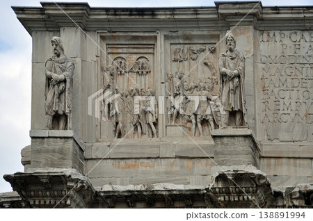 Italy, Rome, World Heritage Site, Arch of Constantine, facade, top left relief. Italy, Rome, World Heritage Site, Arch of Constantine, facade, top left relief. 138891994