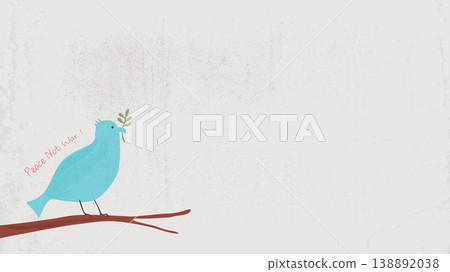 Peace dove light blue color with olive branch doodle line childish style painted on old paper grain texture background have blank space. 138892038