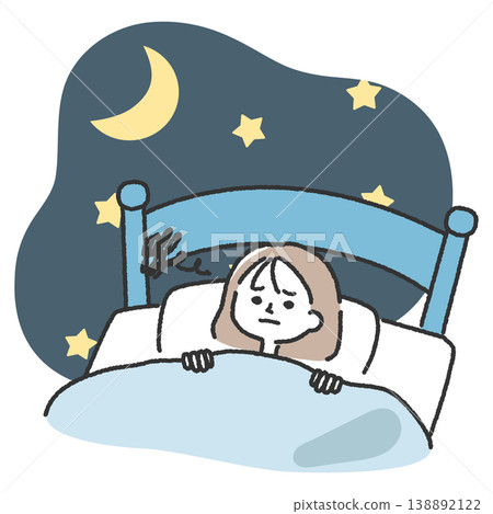 一幅描繪一位年輕女子夜不能寐、陷入沉思的插圖。 138892122