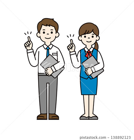 一組全身向量插圖，描繪了一名男性和一名女性辦公室工作人員手持筆記型電腦講解要點。 138892123