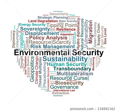 Environmental Security Word Cloud. A visual representation of the links between ecological health, resource competition, climate risk, and global political stability. Environmental Security Word Cloud. A visual representation of the links between ecological health, resource competition, climate risk, and global political stability. 138892162