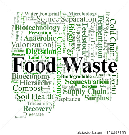 Food Waste Word Cloud. Scientific Concepts in Organic Recovery and Circular Waste Systems Food Waste Word Cloud. Scientific Concepts in Organic Recovery and Circular Waste Systems 138892163