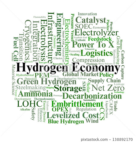 Hydrogen Economy Word Cloud. A visual overview of clean energy transition topics, including hydrogen production colors, fuel cell technology, storage solutions, and industrial applications. 138892170