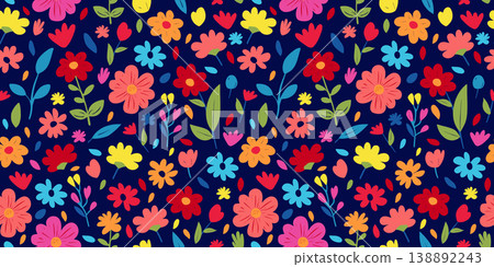 Seamless pattern with bright colorful flowers on dark blue background flat vector illustration for textile, wallpaper, wrapping paper and home decor Seamless pattern with bright colorful flowers on dark blue background flat vector illustration for textile, wallpaper, wrapping paper and home decor 138892243