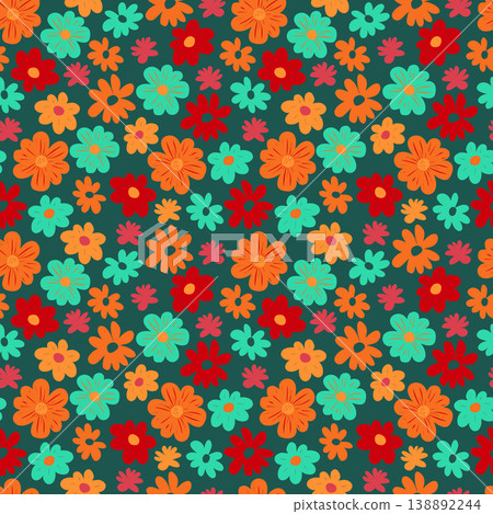 Repeating background with whimsical floral ornaments in flat vector style for textile, wallpaper, wrapping paper, home decor and children branding Repeating background with whimsical floral ornaments in flat vector style for textile, wallpaper, wrapping paper, home decor and children branding 138892244
