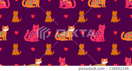 Seamless pattern with cute ginger cats and colorful flowers on dark blue background, flat vector illustration for kids textile and nursery decor 138892246