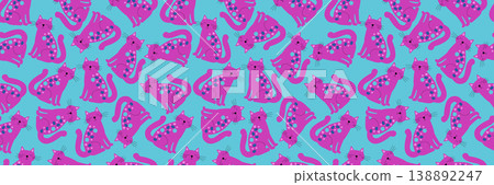 Seamless pattern with cute pink cats and polka dot ornaments on turquoise background, flat vector illustration for kids textile and nursery decor Seamless pattern with cute pink cats and polka dot ornaments on turquoise background, flat vector illustration for kids textile and nursery decor 138892247