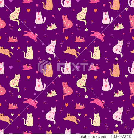 Adorable heart-covered cats seamless pattern, colorful flat vector illustration with flowers and hearts for joyful branding and seasonal design Adorable heart-covered cats seamless pattern, colorful flat vector illustration with flowers and hearts for joyful branding and seasonal design 138892248