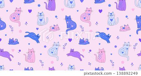 Funny hand drawn kittens with polka dots, vibrant pet animal seamless background for social media content and creative stationery design 138892249