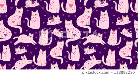 Adorable kitten characters with heart ornaments and stars, whimsical seamless repeat pattern for nursery textile and romantic gift wrapping paper Adorable kitten characters with heart ornaments and stars, whimsical seamless repeat pattern for nursery textile and romantic gift wrapping paper 138892250