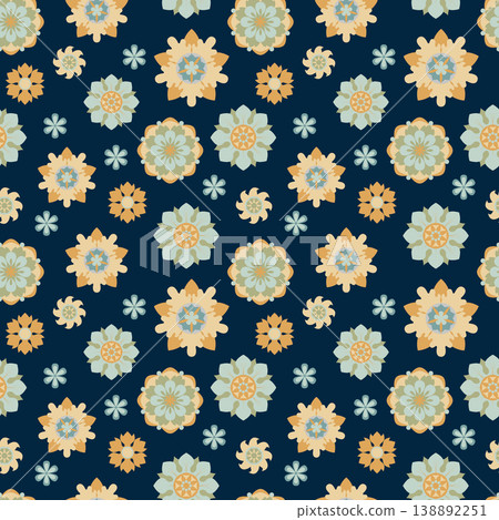 Seamless pattern with vintage floral mandalas and folk ornaments on dark blue background, elegant ethnic style vector illustration for textile and branding 138892251