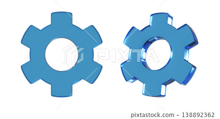 A 3D illustration of a simple, flat gear icon. The mark has a translucent, blue, glass-like texture. A 3D illustration of a simple, flat gear icon. The mark has a translucent, blue, glass-like texture. 138892362