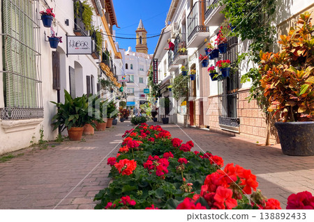 A bright white street lined with colorful flower pots and blooming plants creates a charming Mediterranean scene in Estepona, Spain 138892433