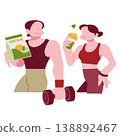 Men and women enjoy matcha-flavored protein during breaks in their training and exercise. 138892467