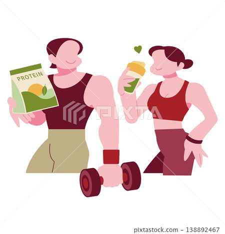 Men and women enjoy matcha-flavored protein during breaks in their training and exercise. Men and women enjoy matcha-flavored protein during breaks in their training and exercise. 138892467