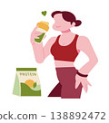 A woman enjoys matcha-flavored protein during breaks from training and exercise. 138892472