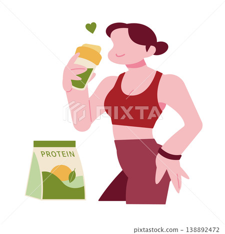 A woman enjoys matcha-flavored protein during breaks from training and exercise. A woman enjoys matcha-flavored protein during breaks from training and exercise. 138892472