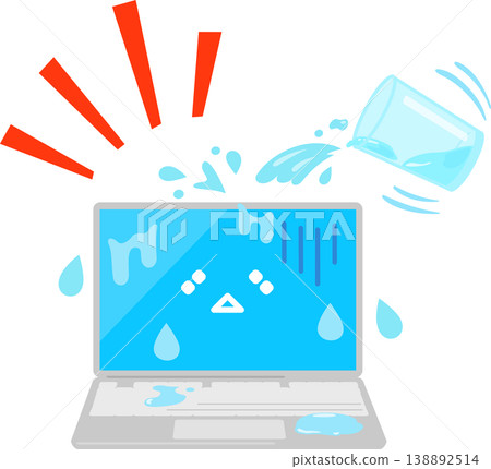 Laptop with glass of water spilled on it Laptop with glass of water spilled on it 138892514
