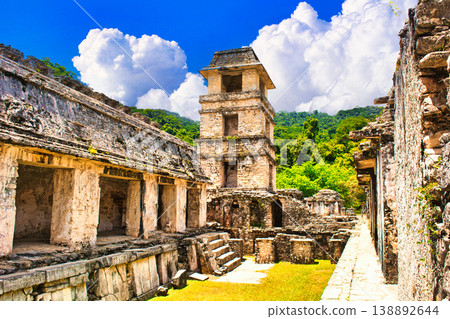 The breathtaking scenery of the Palenque ruins, remnants of the Mayan civilization's dreams hidden in the jungle. 138892644