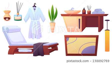Spa massage elements. Cartoon salon furniture, aroma diffuser and lamp with candle. Couch, table, white terry robe. Green plant in pot, picture, nowaday vector set Spa massage elements. Cartoon salon furniture, aroma diffuser and lamp with candle. Couch, table, white terry robe. Green plant in pot, picture, nowaday vector set 138892769