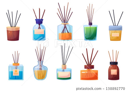 Cartoon aroma diffusers. Wooden sticks stand in different glass bottles with perfume water. Aromatherapy elements for spa, home interior accessories, nowaday vector set 138892770
