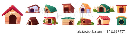 Wooden dog houses. Cartoon housing for pets with with bowls for food and water, plants, bones toys. Wood homes for backyard, nowaday vector set 138892771
