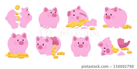 Broken cartoon pig bank. Break piggy bank, open home style savings. Saving money, golden coins piles. Finance, banking, economic literacy racy vector clipart Broken cartoon pig bank. Break piggy bank, open home style savings. Saving money, golden coins piles. Finance, banking, economic literacy racy vector clipart 138892798