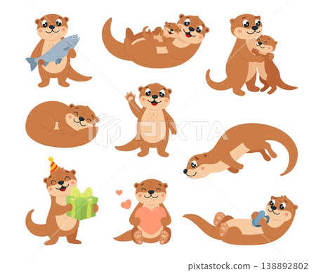 Cartoon funny otters. Adorable otter with child, holding box and fish, heart and mussel. Cute water river animals, childish mascots, classy vector characters 138892802