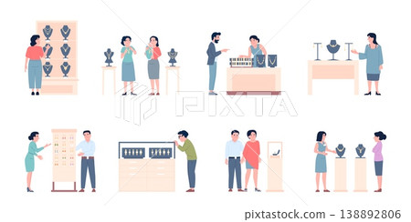 People in jewelry store. Male female flat characters bying and choosing gold silver accessories. Couple choose golden ring, recent vector scenes 138892806